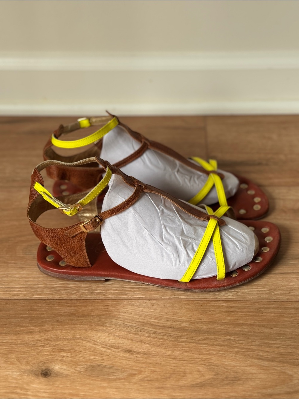 Matt Bernson Women’s Brown Leather Sandals with Neon Yellow Straps